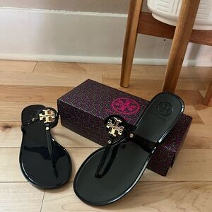 Tory Burch Black Slides with Gold Emblem